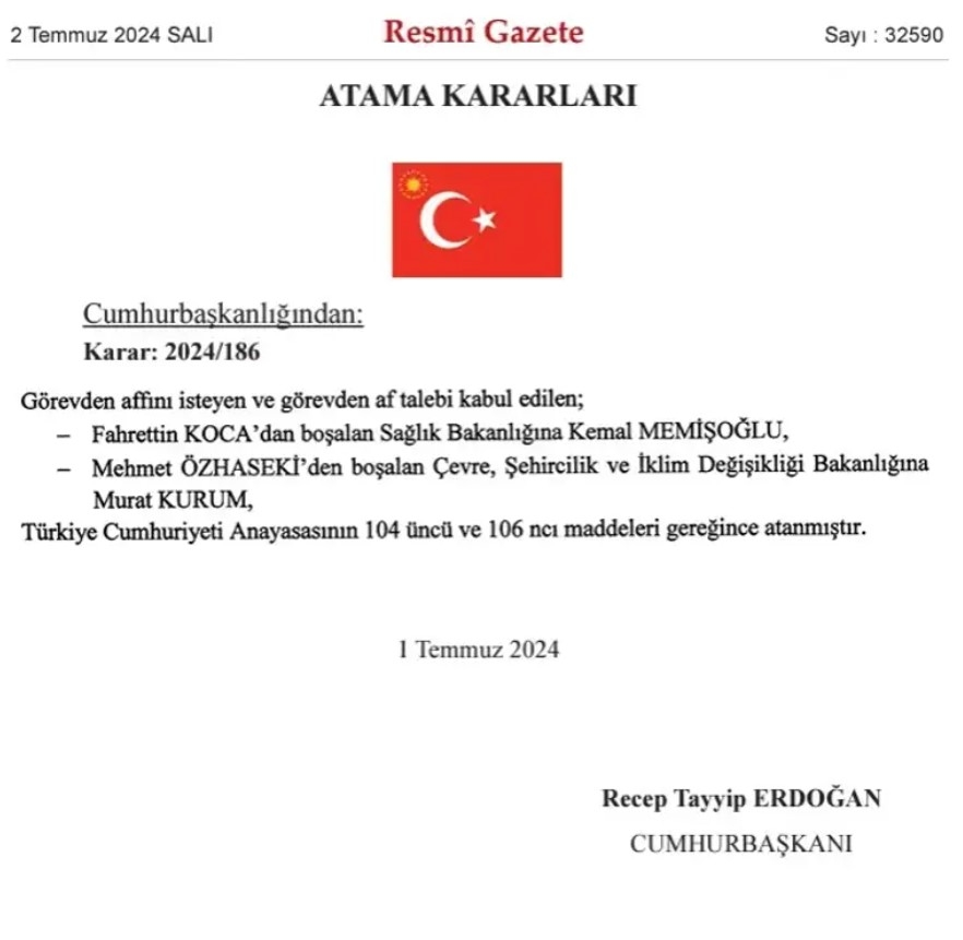 Bakanların ataması Resmi Gazete’de yayımlandı